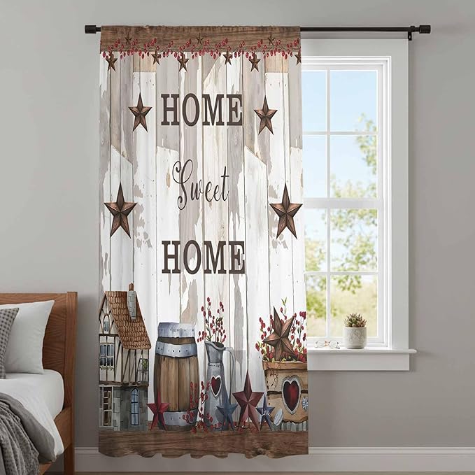 Farmhouse Sheer Curtains 72 Inch Length Retro Country Star Berry Vintage Wood Grain Chiffon Curtain for Bedroom Living Room Light Filtering Rod Pocket Window Treatments Voile Curtains Drapes