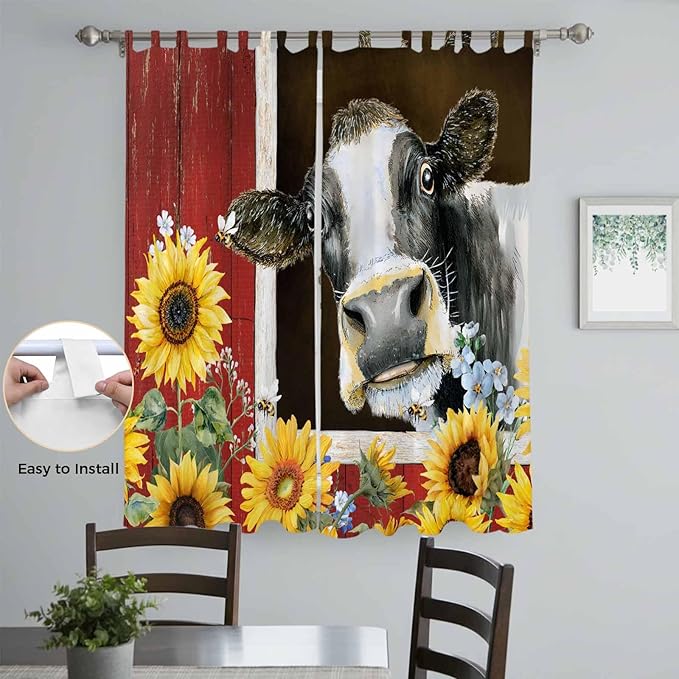 Cows Sunflowers Living Room Curtains 84 Inch Length, Window Curtains Tab Top, Rustic Farms Barns Flowers Bees Animals Light Filtering Window Treatments Drapes 52"x84" 2 Panel