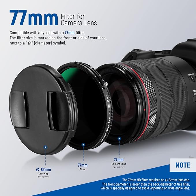 NEEWER 2 in 1 77mm Variable ND Filter ND2–ND32&CPL Filter(Circular Polarizer Filter) No X Cross/30 Layer Nano Coated/HD Optical Glass/Ultra Slim Aluminum Alloy Frame/Water Repellent/Scratch Resistant
