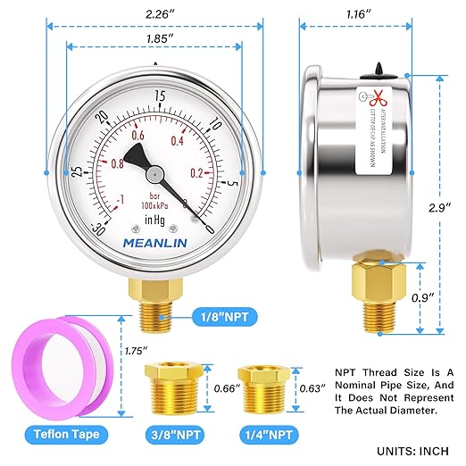 MEANLIN MEASURE -30inHG~0Psi Vacuum Gauge Stainless Steel 1/8" NPT 2" FACE DIAL Waterproof for Air Compressor HVAC Negative Pressure Hand Pump Pool Lower Mount, with 1/4" NPT and 3/8" NPT Hex Bushing
