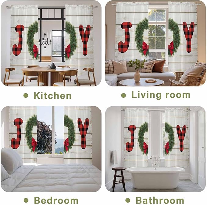 Christmas Wreaths Window Curtains 72 Inch Long 2 Panel Set,Rod Pocket Long Curtains & Drapes,Winter Bow Plaid Farmhouse Wooden Grain Window Treatment for Bedroom Living Room 52"W x 72"L
