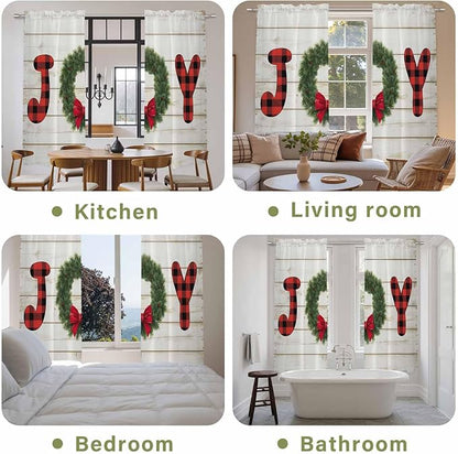 Christmas Wreaths Window Curtains 72 Inch Long 2 Panel Set,Rod Pocket Long Curtains & Drapes,Winter Bow Plaid Farmhouse Wooden Grain Window Treatment for Bedroom Living Room 52"W x 72"L