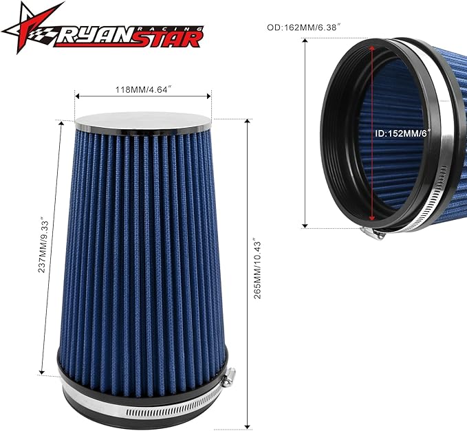 RYANSTAR RACING 152mm 6" High Flow Round Tapered Cone Closed-Top Washable Clamp-On Dry Air Filter Long 265mm tall Blue