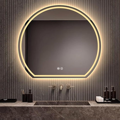 Bathroom Mirror with 3 Colour LED Lights, Wall Mounted Bathroom Vanity Mirror, Demister Heat Pad/Dimming Function/Touch Switch Smart Mirror(A,31.4" x28.3/80x72cm)