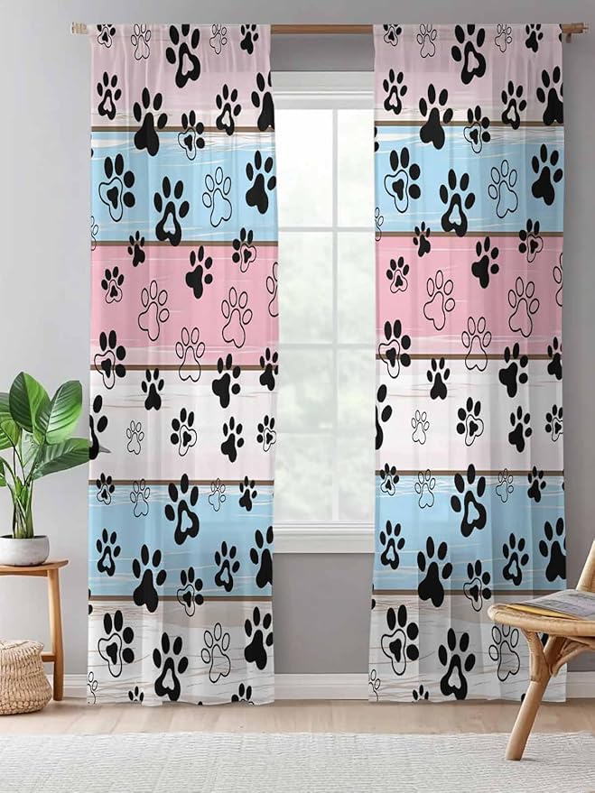Sheer Curtains 96 Inches Long, Pink Blue Paw Print Semi Sheer Curtains Light Filtering Window Treatment, Vintage Farmhouse Wooden Grain Privacy Voile Drapes for Living Room Bedroom 52x96 Inch