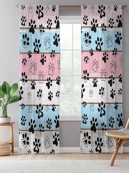 Sheer Curtains 96 Inches Long, Pink Blue Paw Print Semi Sheer Curtains Light Filtering Window Treatment, Vintage Farmhouse Wooden Grain Privacy Voile Drapes for Living Room Bedroom 52x96 Inch