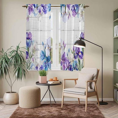 Spring Flowers Kitchen Curtains, Watercolor Garden Florals Wooden Grain Light Filtering Window Curtain Panels, 2Pcs Rod Pocket Window Treatments Set for Living Room Bathroom Bedroom 42x63 Inches