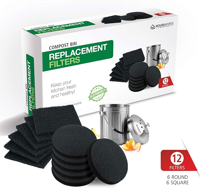 12 Pieces Counter Top Activated Carbon Compost Bin Filters - Extra Thick Indoor Pail Replacement Charcoal Caddy Filters Refill, 0.4" Thickness