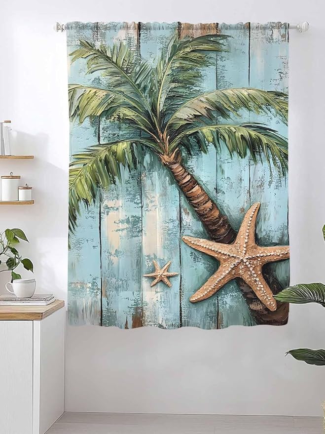 Sheer Curtains 72 Inches Long, Coastal Blue Green Tree Semi Sheer Curtains Light Filtering Window Treatment, Beach Tropical Vintage Wood Grain Privacy Voile Drapes for Living Room Bedroom 52x72 Inch