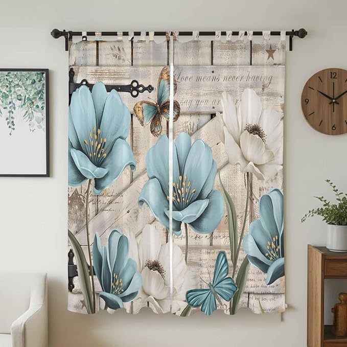 Teal Blue Tulips Living Room Curtains 96 Inch Length, Window Curtains Tab Top, Spring Floral Barn Doors Vintage Wood Beige Light Filtering Window Treatments Drapes 52"x96" 2 Panel