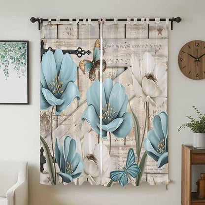 Teal Blue Tulips Living Room Curtains 96 Inch Length, Window Curtains Tab Top, Spring Floral Barn Doors Vintage Wood Beige Light Filtering Window Treatments Drapes 52"x96" 2 Panel