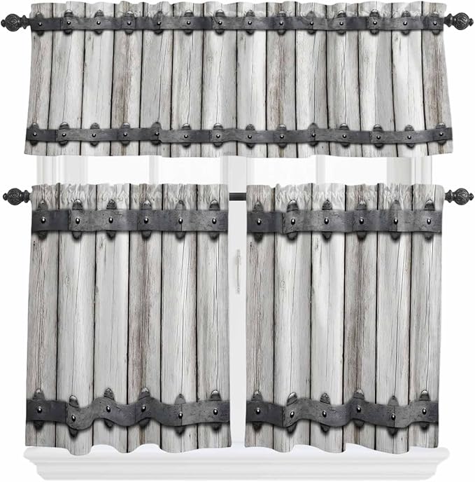 Farmhouse Rustic Kitchen Curtain Set, Vintage Country Wooden Grain Window Valance and Tiers 24" Length, Light Filtering Short Curtains Valance for Cafe Bathroom Bedroom 54"x18"