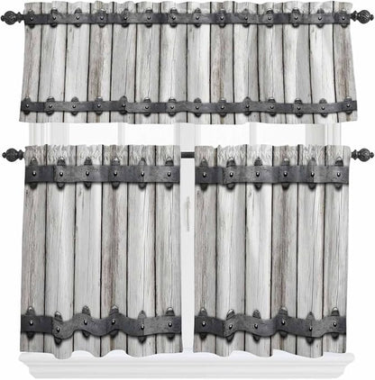 Farmhouse Rustic Kitchen Curtain Set, Vintage Country Wooden Grain Window Valance and Tiers 24" Length, Light Filtering Short Curtains Valance for Cafe Bathroom Bedroom 54"x18"