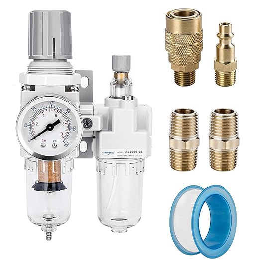 NANPU 1/4" NPT Compressed Air Filter Regulator Lubricator Combo, Water/Oil Trap Separator - Gauge(0-150 psi), Poly Bowl, Semi-Auto Drain, Bracket