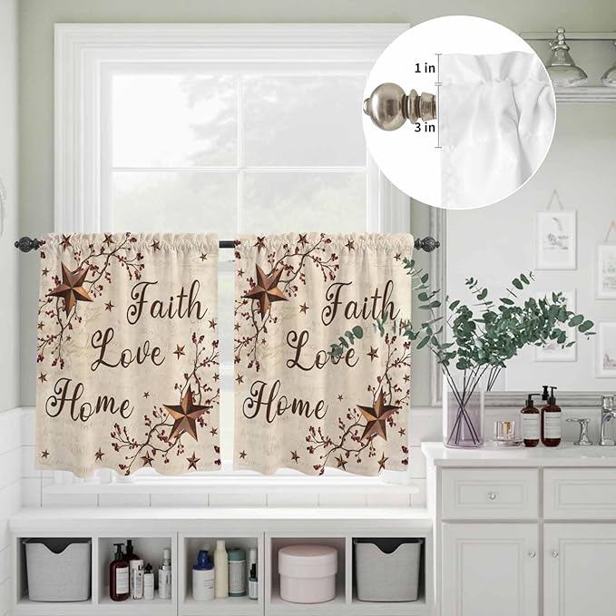 Kitchen Curtains Tiers and Valance Set of 3, Brown Farmhouse Light Filtering Window Curtain Set, Retro Country Stars Rustic Branches Berry Rod Pocket Curtain Drapes for Living Room, 24 Inches Tiers