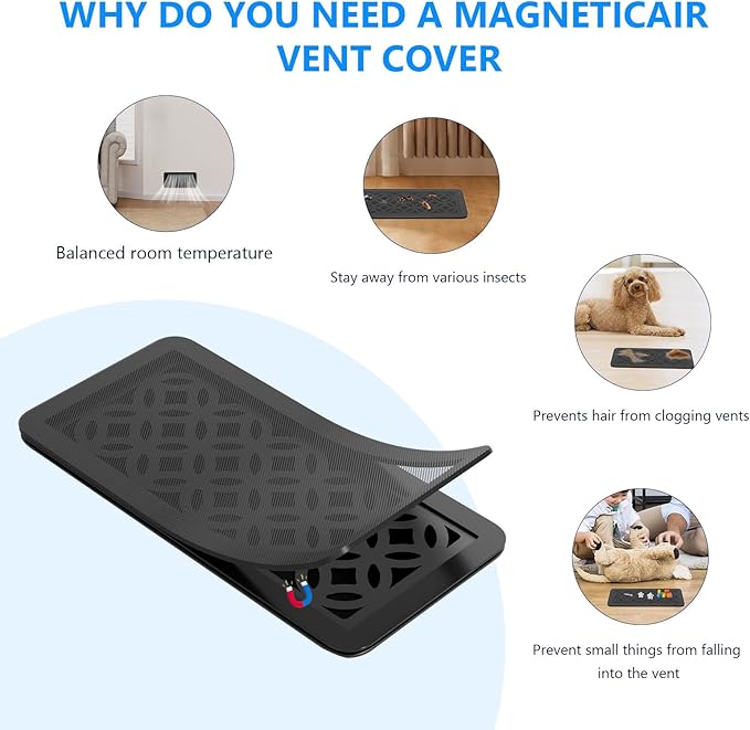 Magnetic Vent Screen Mesh Covers 3 Pack -5.5x12, Air Vent Filters with Durable PVC Frame, Air Vent Screen Register Trap,Vent Mesh–Upgraded Thickness(2.5mm) for Home Wall Ceiling (Black)