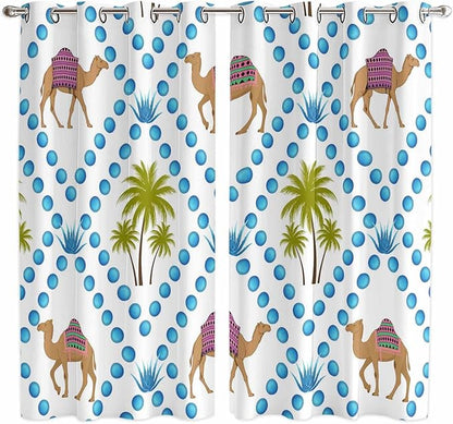 2 Panel Kitchen Cafe Curtains, Camels Palm Trees Sunlight Filtering Nature Air Through, Home Decor Window Covering Tier Curtains for Living Room 104W x 84L inch Tropical Desert Animal Plants Polka Dot