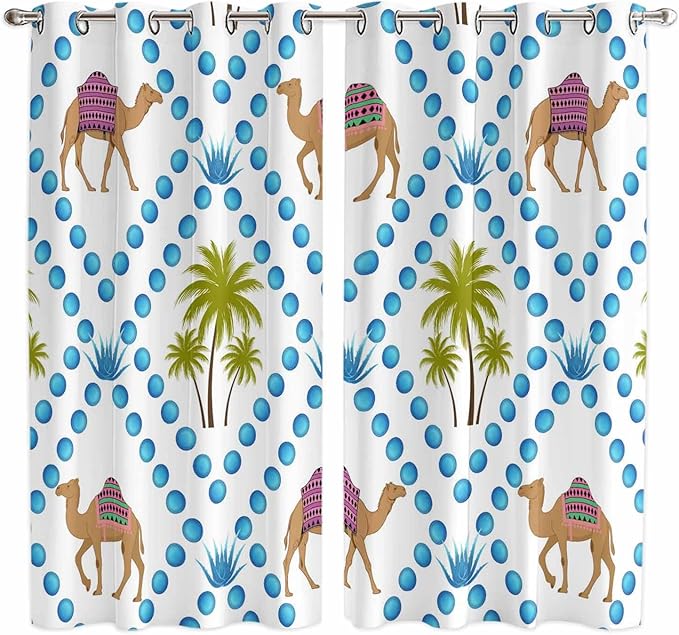 2 Panel Kitchen Cafe Curtains, Camels Palm Trees Sunlight Filtering Nature Air Through, Home Decor Window Covering Tier Curtains for Living Room 80W x 63L inch Tropical Desert Animal Plants Polka Dot