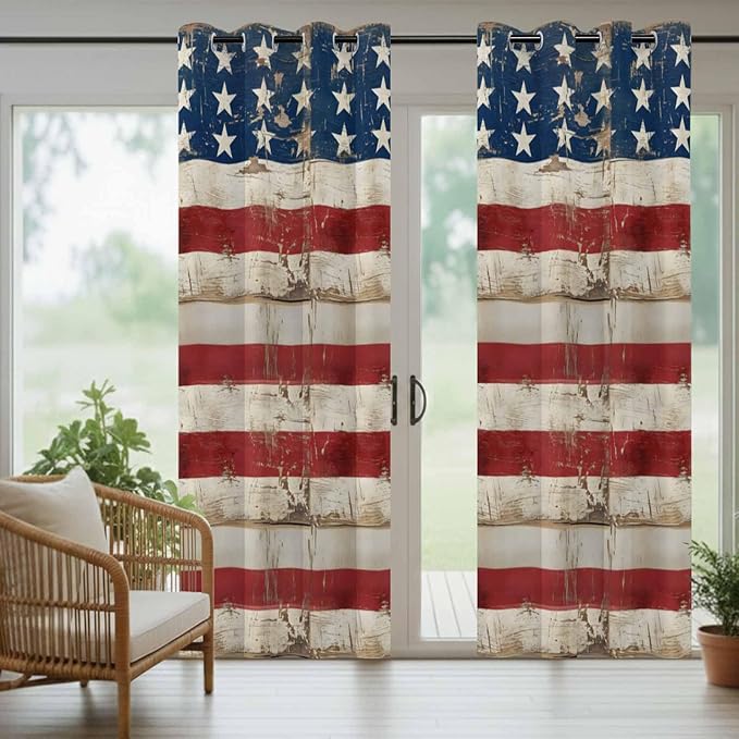 4th of July Outdoor Curtains for Patio USA Flag Independence Day Vintage Waterproof Outside Curtains with Grommet Top Weatherproof Curtain for Cabana Pergola Gazebo, 1 Panel, 54" W x 84" L