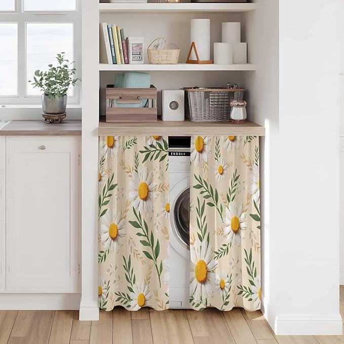 Spring Daisy Kitchen Curtains, Country Watercolor Flower Leaf Plant Light Filtering Window Curtain Panels, 2Pcs Rod Pocket Window Treatments Set for Study Room Bathroom Bedroom 52x54 Inches