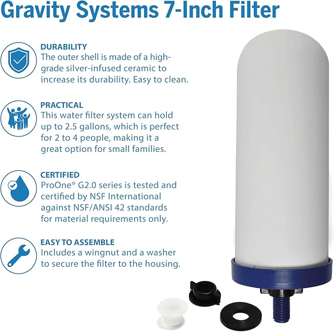 ProOne G-Series 7-Inch Gravity Filter Replacement 1-Pack - Universally Compatible with Gravity Water Filtration Systems - NSF/ANSI Certified to Reduce Lead, Microplastics, & Total PFAS (1-Pack)