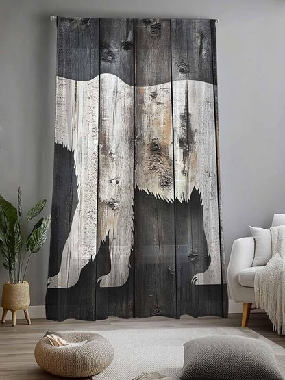 Sheer Curtains 96 Inches Long, White Brown Bear Semi Sheer Curtains Light Filtering Window Treatment, Farmhouse Country Vintage Wood Grain Privacy Voile Drapes for Living Room Bedroom 52x96 Inch