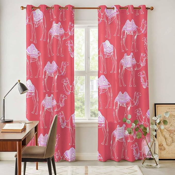 2 Panel Kitchen Cafe Curtains, Desert Camel Sunlight Filtering Nature Air Through, Home Decor Window Covering Tier Curtains for Living Room 104W x 96L inch Summer Sand Camel Animal Vintage Pink