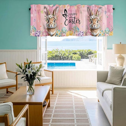 Easter Curtain Valances for Windows, Kitchen Valance Window Treatment, Spring Rabbit Eggs Flowers Flags Leaves Wood Grain Light Filtering Block Curtains for Bathroom/Bedroom/Living Room 54'' x 18''