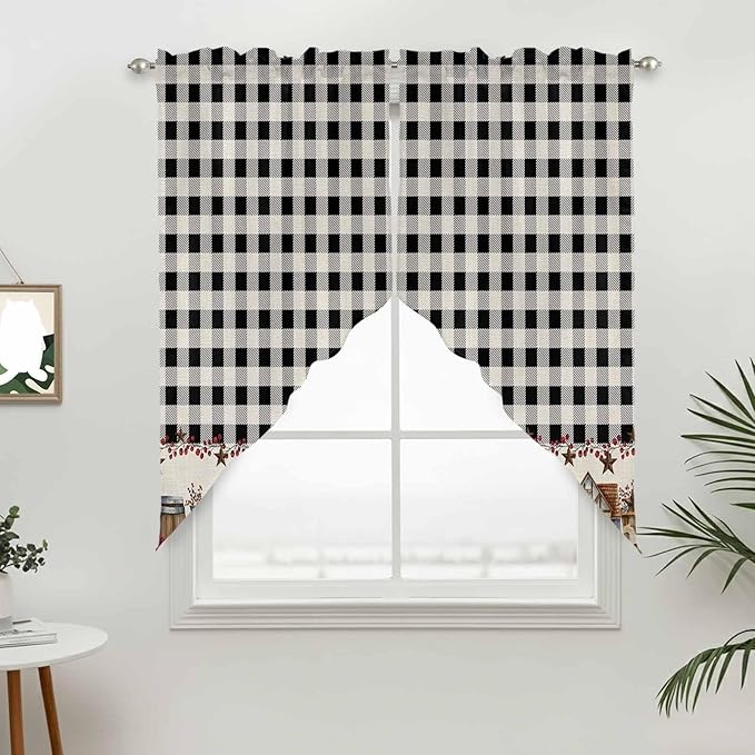 Swag Curtain Valances for Kitchen Windows,Farm Wooden House Black Buffalo Plaid Short Rod Pocket Window Valance,Western Star Swag Topper for Bedroom Living Room,2 Panels 28x36in