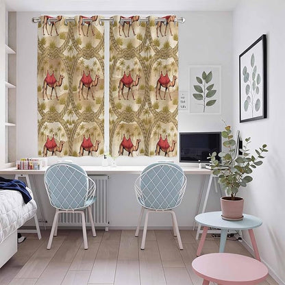 2 Panel Kitchen Cafe Curtains, Desert Camels Sunlight Filtering Nature Air Through, Home Decor Window Covering Tier Curtains for Living Room 104W x 63L inch Tropical Palm Trees Sand Cords Brown