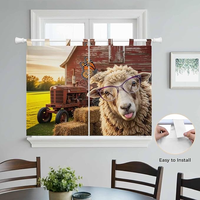 Farm Sheep Kitchen Curtains 45 Inch Length, Short Cafe Window Curtains Tab Top, Farmhouse Barn Funny Animals Butterfly Light Filtering Window Treatments Tier Drapes 27.5"x45" 2 Panel