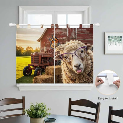 Farm Sheep Kitchen Curtains 45 Inch Length, Short Cafe Window Curtains Tab Top, Farmhouse Barn Funny Animals Butterfly Light Filtering Window Treatments Tier Drapes 27.5"x45" 2 Panel