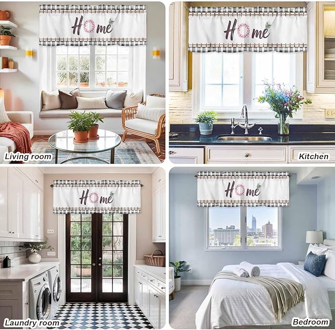Spring Flowers Curtain Valances for Windows, Kitchen Valance Window Treatment, Watercolor Floral Leaf Black Plaid Light Filtering Block Curtains for Bathroom/Bedroom/Living Room 42'' x 18''