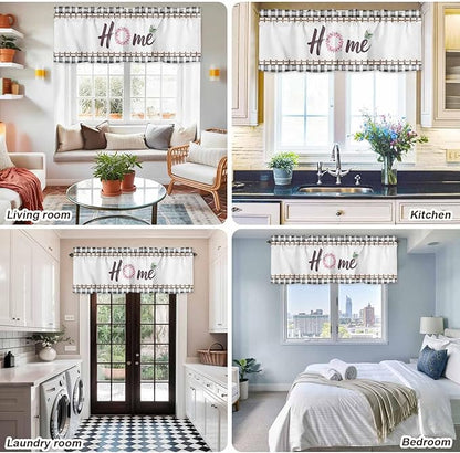 Spring Flowers Curtain Valances for Windows, Kitchen Valance Window Treatment, Watercolor Floral Leaf Black Plaid Light Filtering Block Curtains for Bathroom/Bedroom/Living Room 42'' x 18''