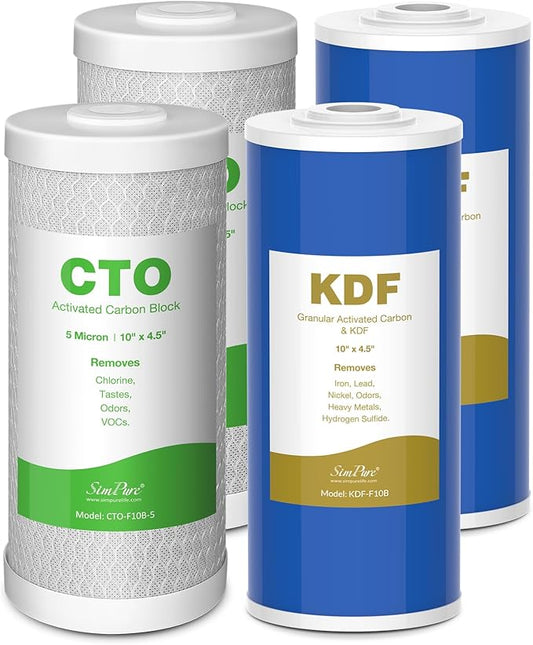 SimPure Whole House Water Filter Cartridges 5 Micron 10" x 4.5" CTO+GAC/KDF 2-Stage Carbon and Heavy Metal Filter Set, for DB10C-2KDF, DB10P, WGB21B-KS, FC15B, FG15B-KS, 2 Sets