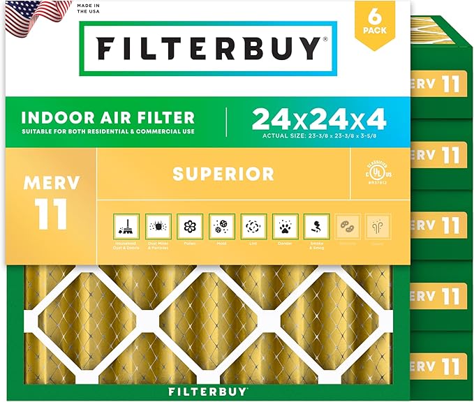 Filterbuy 24x24x4 Air Filter MERV 11 Superior Pet & Allergy Defense (6-Pack), Electrostatic Pleated HVAC AC Furnace Filters Replacement, Made in USA (Actual Size: 23.38 x 23.38 x 3.63)