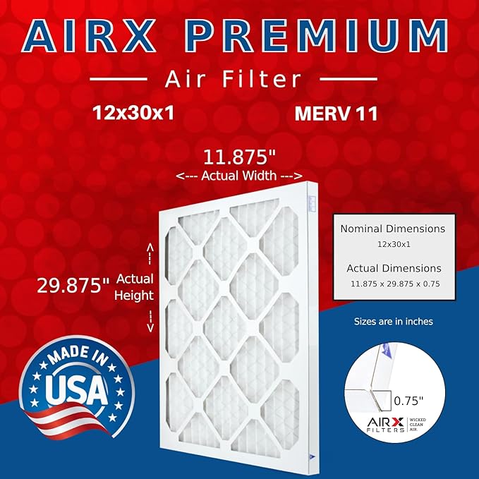 AIRX FILTERS WICKED CLEAN AIR 12x30x1 MERV 11 Electrostatic Pleated Air Conditioner Filter 6 Pack HVAC AC Furnace Filters