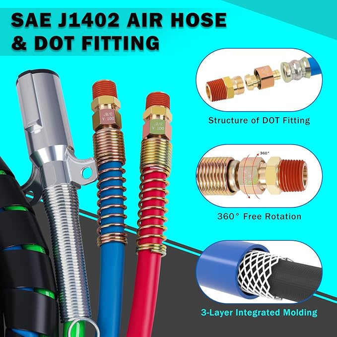 CheeMuii 12 FT Semi Truck Air Line Kit With Gladhand Holder and Springs - Red & Blue Brake Hoses and 7 Way Trailer Cord 3-in-1 for Tractor