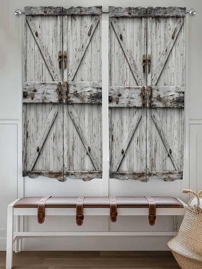 Vintage Gate Bedroom Curtains 63 Inches length, Farmhouse Wooden Grain Shabby Chic Door Window Treatment Curtain Drapes, Rod Pocket Curtain Panels for Living Room Kitchen, 42"x63", 2 Panels