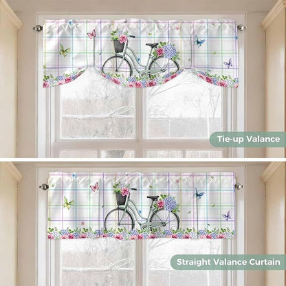 Spring Tie Up Valance Curtains for Windows, Kitchen Curtains Window Shades, Bicycles Botanical Leaves Rose Colorful Stripes Light Filtering Roman Curtain Valances for Bedroom/Bathroom/Cafe 42"x18"