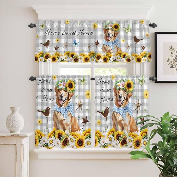 Kitchen Curtains Tiers and Valance Set of 3, Sunflowers Dog Light Filtering Window Curtain Set, Spring Watercolor Floral Stars Grey Plaid Rod Pocket Curtain Drapes for Living Room, 24 Inches Tiers