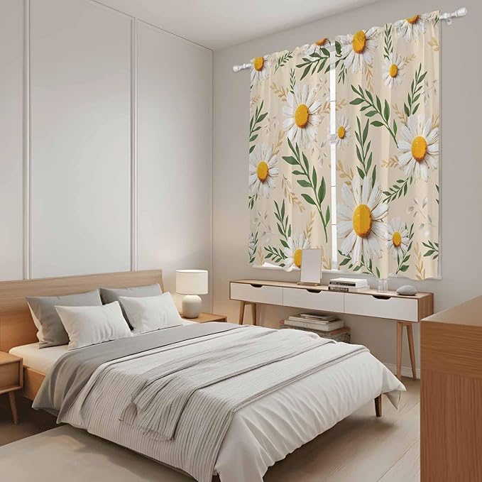 Spring Daisy Kitchen Curtains, Country Watercolor Flower Leaf Plant Light Filtering Window Curtain Panels, 2Pcs Rod Pocket Window Treatments Set for Living Room Bathroom Bedroom 42x63 Inches