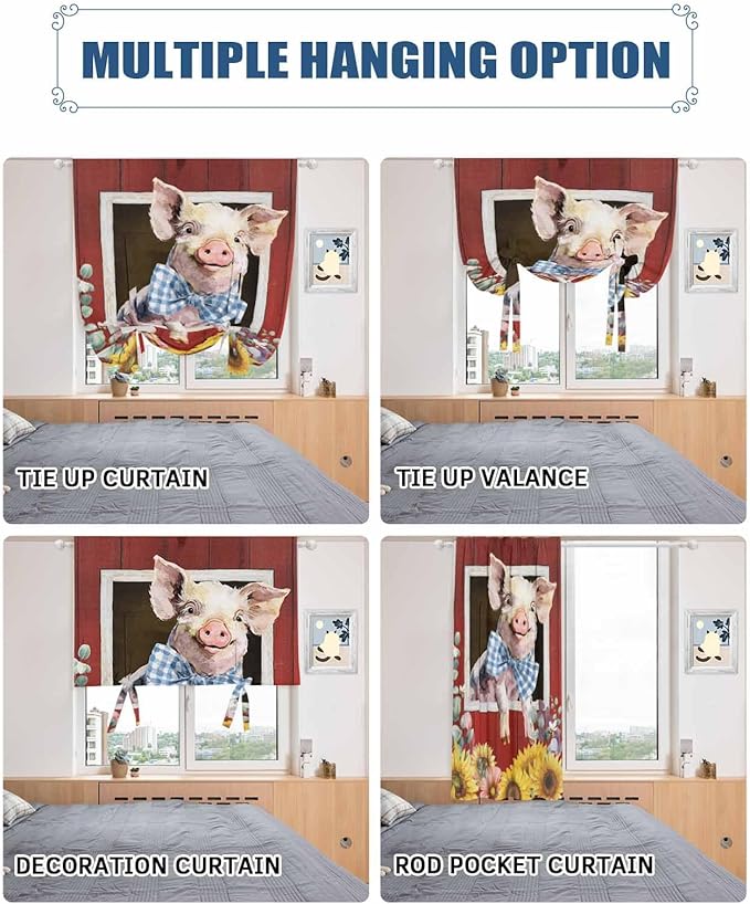 Tie Up Curtains for Windows, Pig Sunflowers Adjustable Balloon Nature Linen Textured Kitchen Curtain, Eucalyptus Leaves Floral Bees Red Barn Room Darkening Curtains for Glass Door, 42 x 45 in