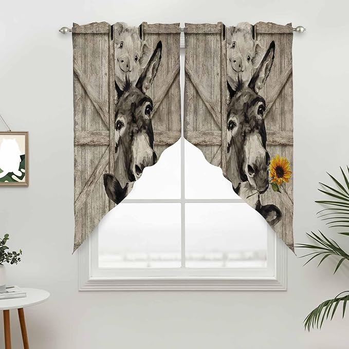 Funny Farm Animals Swag Valances for Windows, Vintage Barn Brown Sunflowers Rod Pocket Kitchen Curtains Valance, Small Window Curtains Swag for Cafe Bathroom Living Room, 2 Panels, 28x36 inch