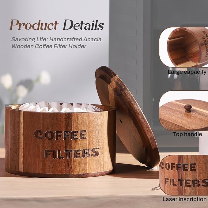 Acacia Wood Coffee Filter Holder and Storage - Round Container for Coffee Bar Organizer, Rustic Dispenser Basket
