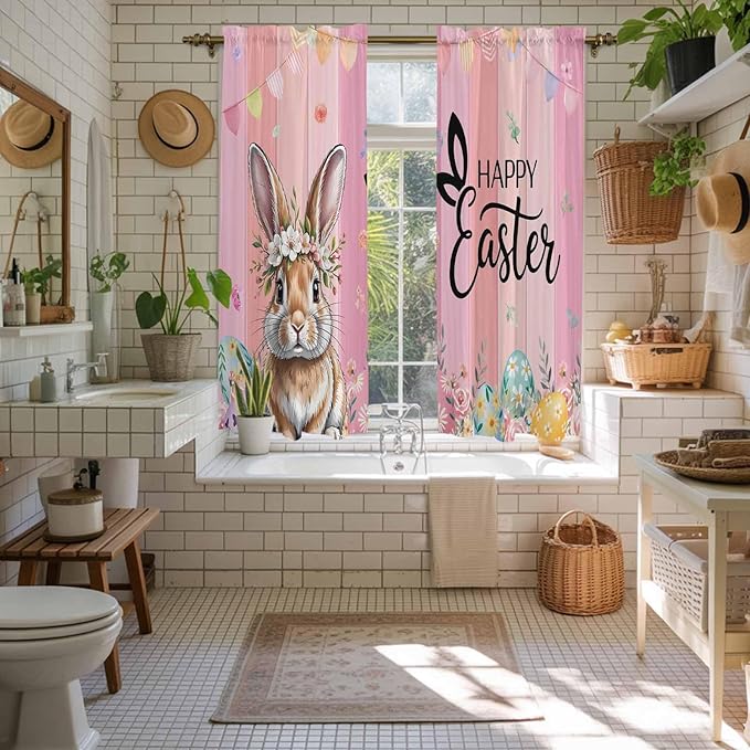 Easter Kitchen Curtains, Spring Rabbit Eggs Flowers Flags Leaves Wood Grain Light Filtering Window Curtain Panels, 2Pcs Rod Pocket Window Treatments Set for Living Room Bathroom Bedroom 42x63 Inches