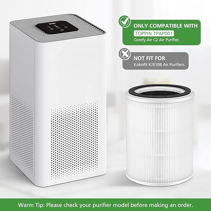 TPAP001 Replacement Filter, Only Compatible with TOPPIN TPAP001 Comfy Air C2 Air Purifi-er, 3-in-1 Efficient Filtration for TOPPIN TPAP001 Filter, TPFF001【Not Fit TPAP002 TPAP004 TPAP005 】