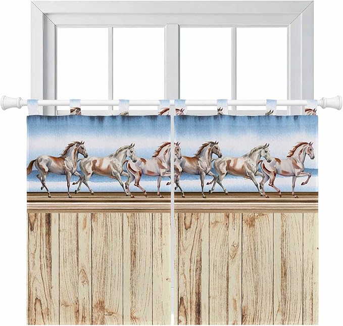 Western Horse Kitchen Curtains 45 Inch Length, Short Cafe Window Curtains Tab Top, Farmhouse Wooden Grain Vintage Cowboy Barn Door Light Filtering Window Treatments Tier Drapes 27.5"x45" 2 Panel