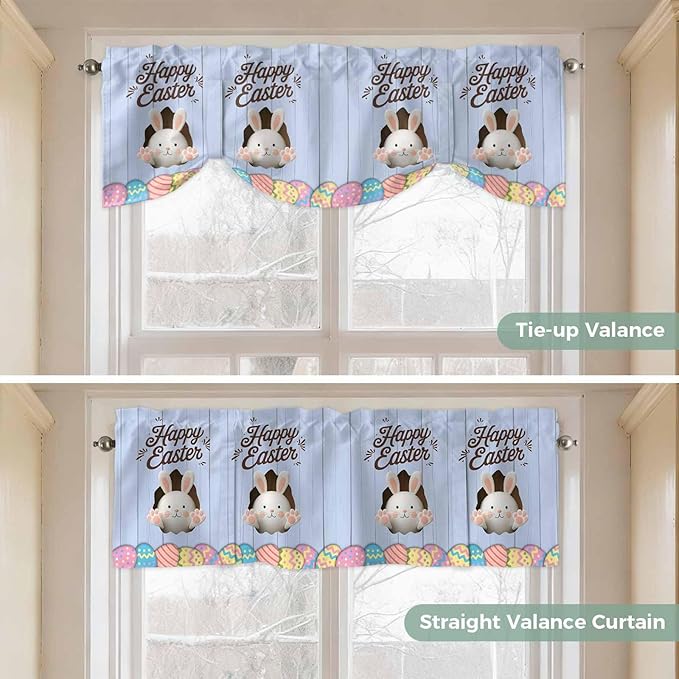 Blue Easter Tie Up Valance Curtains for Windows, Kitchen Curtains Window Shades, Spring Cartoon Bunny Colorful Eggs Wood Grain Light Filtering Roman Curtain Valances for Bedroom/Bathroom/Cafe 54"x18"