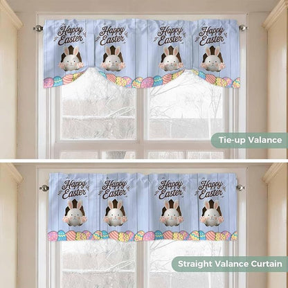 Blue Easter Tie Up Valance Curtains for Windows, Kitchen Curtains Window Shades, Spring Cartoon Bunny Colorful Eggs Wood Grain Light Filtering Roman Curtain Valances for Bedroom/Bathroom/Cafe 42"x12"